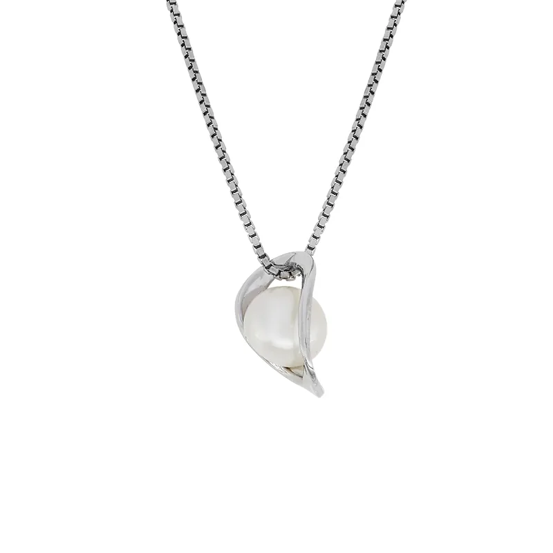 Gargantilla en plata Ley 925, Onda, con perla sintética central, 50 cm. de largo, 1 mm. de ancho, de la coleccion Sueños