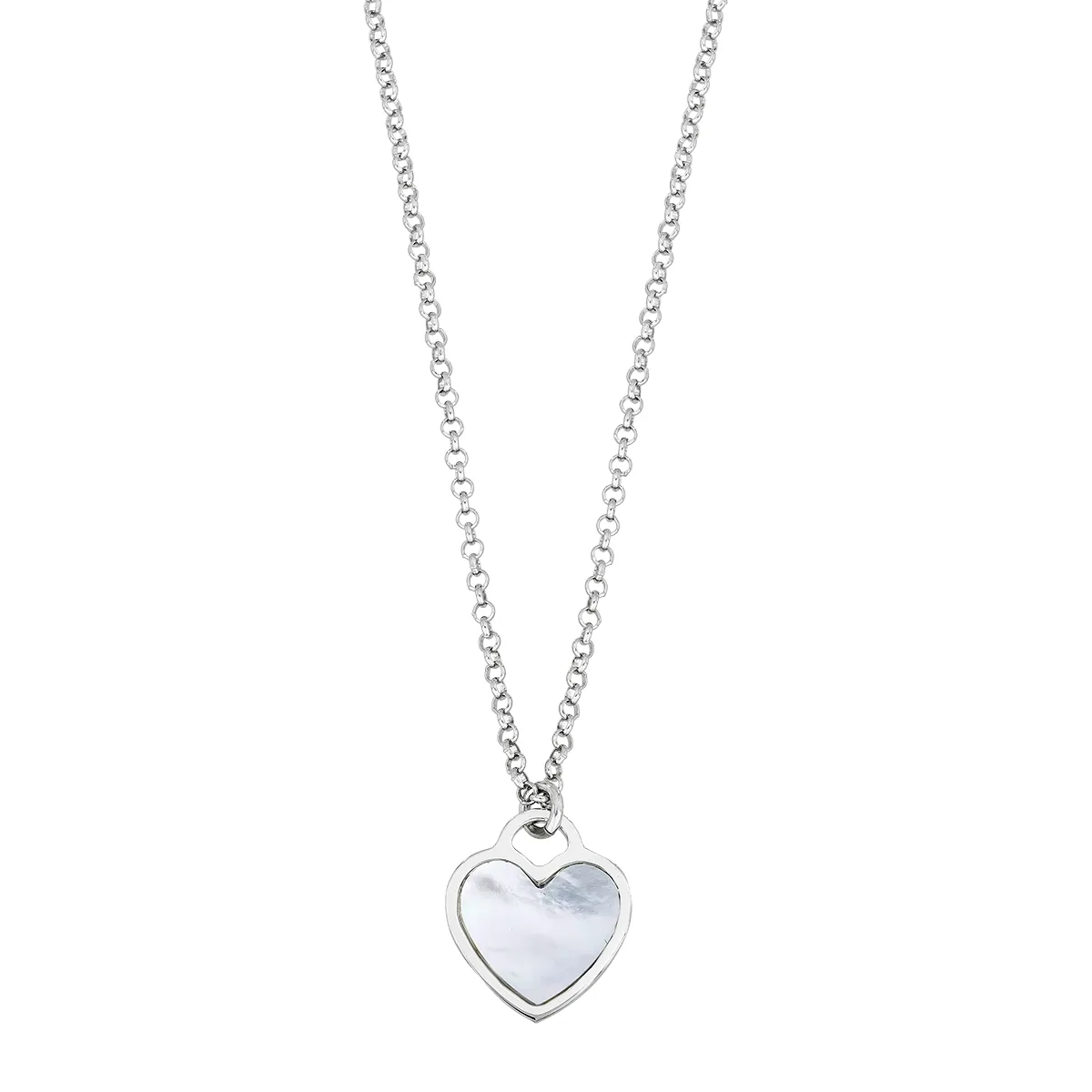 Gargantilla en plata Ley 925, Corazón, con piedra madre perla, 45 cm. de largo, 1 mm. de ancho, de la coleccion Sueños