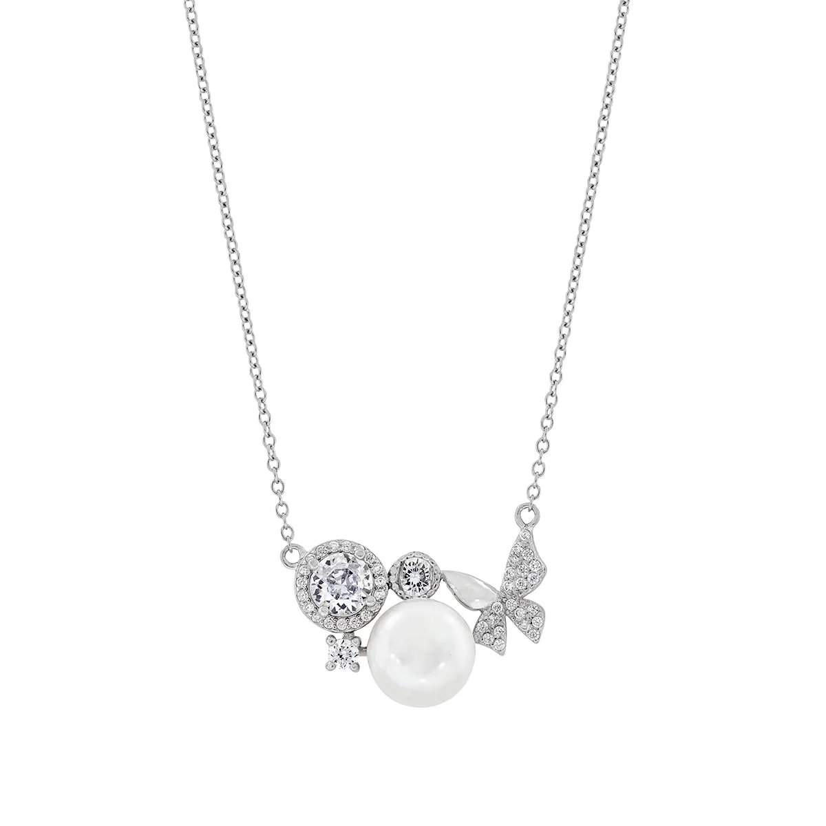 Gargantilla con mariposas en plata Ley 925, con perla central y decoración en zircones - Colección Sueños