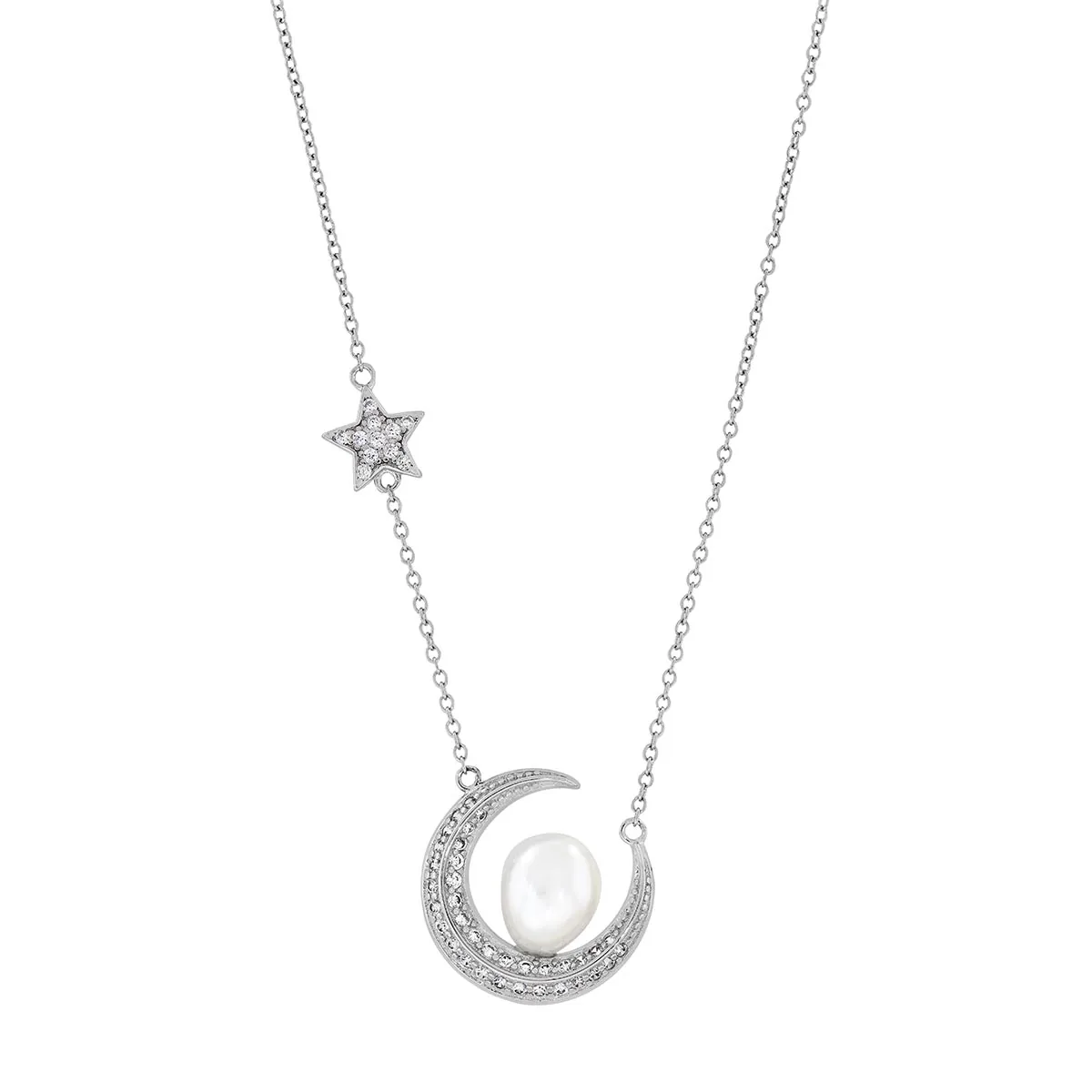 Gargantilla en plata Ley 925, Estrella, con perla central de 8 mm de ancho aprox y decoración en zircones, 45 cm. de largo, 1 mm. de ancho, de la coleccion Sueños