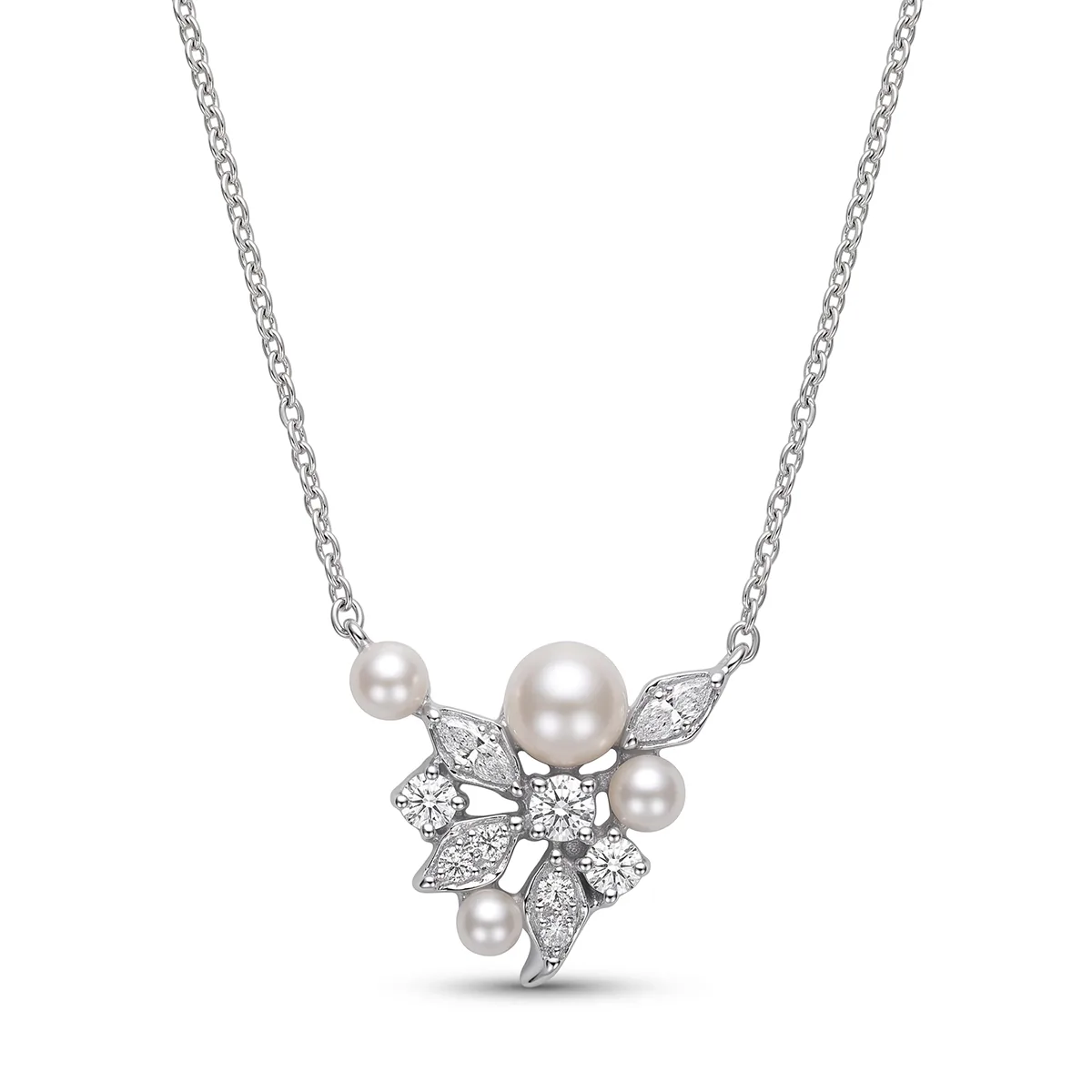 Gargantilla en plata Ley 925, Hoja, con perlas de 3.50 mm de ancho aprox y diamante de laboratorio de 1.20 Ct, 42 cm. de largo, 1 mm. de ancho, de la coleccion Sueños