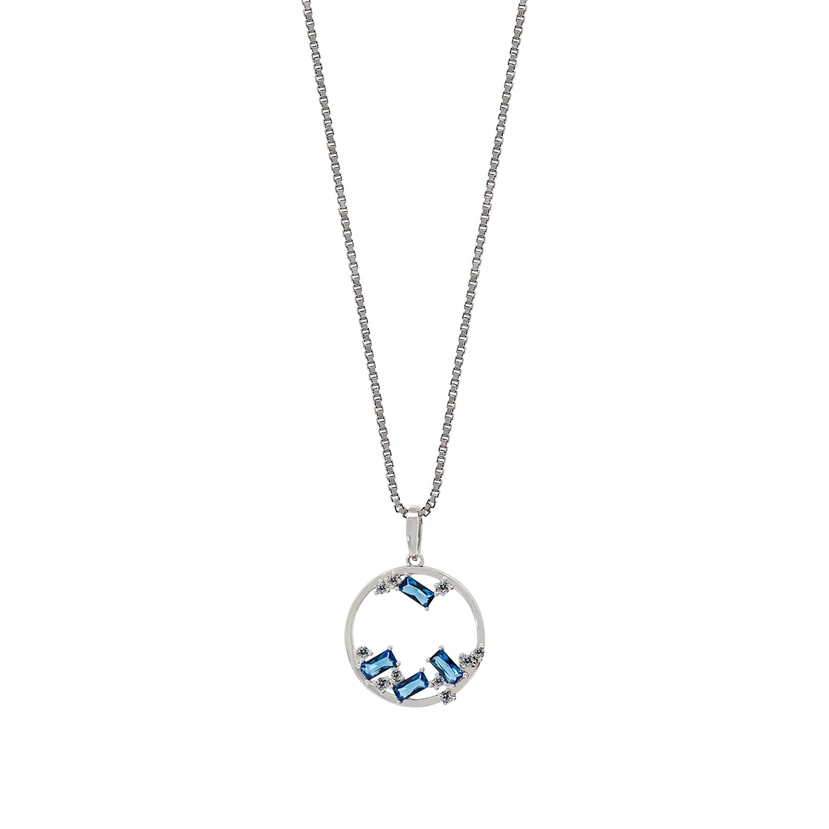 Gargantilla en plata Ley 925, Figuras geométricas, con 4 zircones centrales y decoración en zircones, 50 cm. de largo, 1 mm. de ancho, de la coleccion Sueños