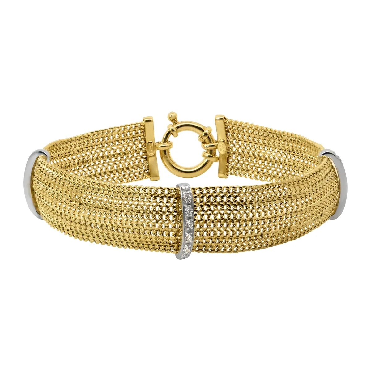 Pulsera en oro amarillo de 18 Kilates, con zircones, 19 cm. de largo, 13 mm. de ancho
