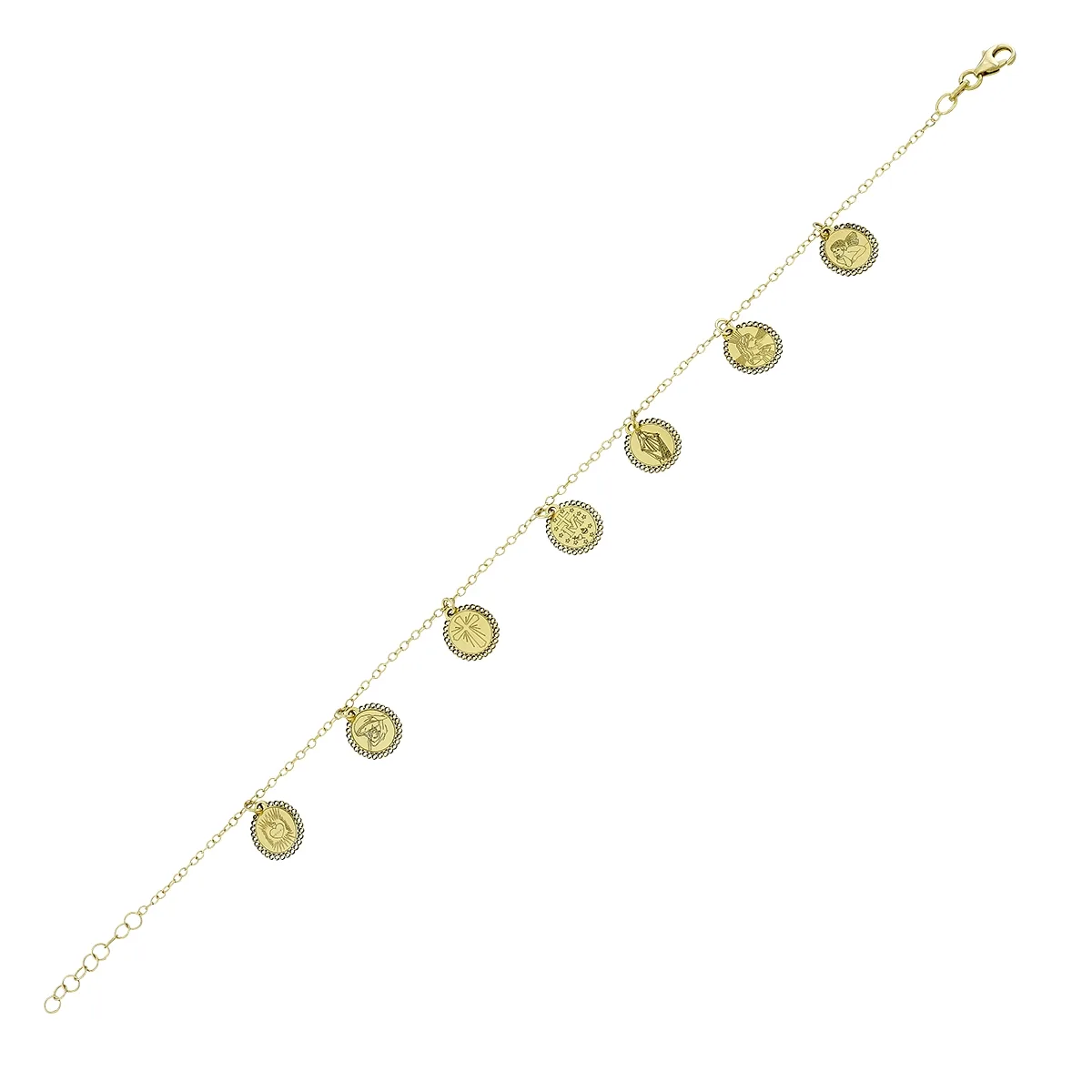 Pulsera con 7 medallas religiosas en oro amarillo de 18 Kilates