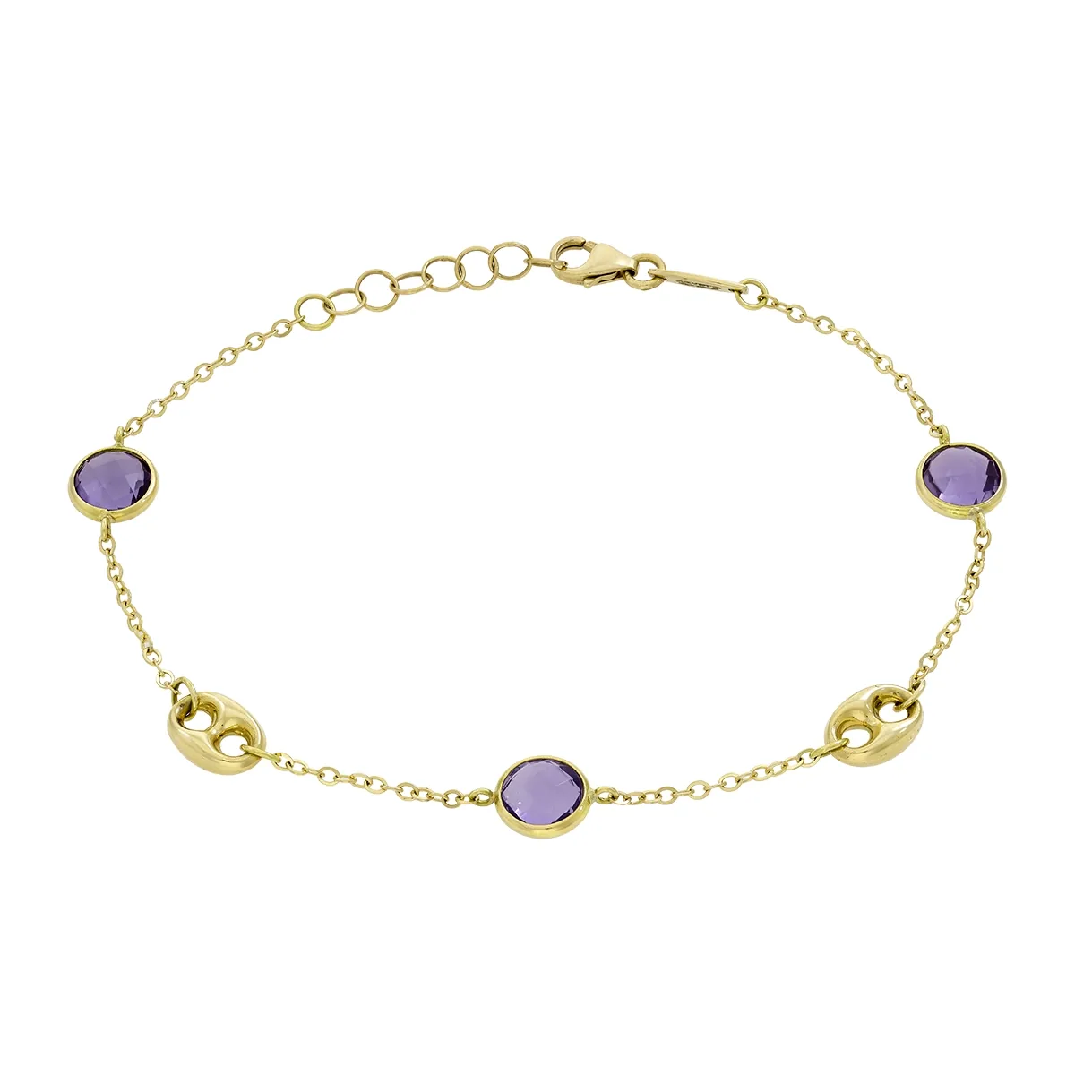 Pulsera en oro amarillo de 18 Kilates, con 3 amatistas centrales, 17 cm. de largo, 1 mm. de ancho