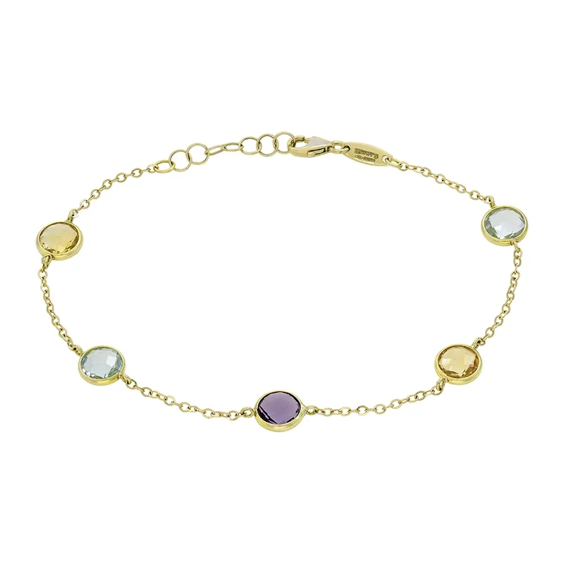 Pulsera en oro amarillo de 18 Kilates, con topacios, citrines y amatistas, 17 cm. de largo, 1 mm. de ancho