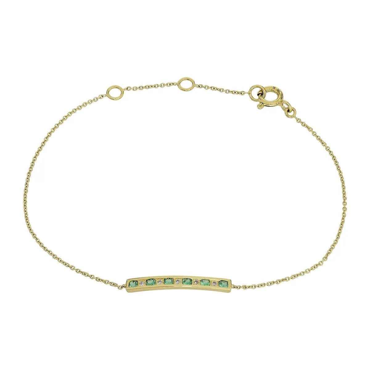 Pulsera en oro amarillo de 18 Kilates, con esmeraldas de 0.13 Ct y diamantes de 0.03 Ct, 16 cm. de largo, 0.50 mm. de ancho