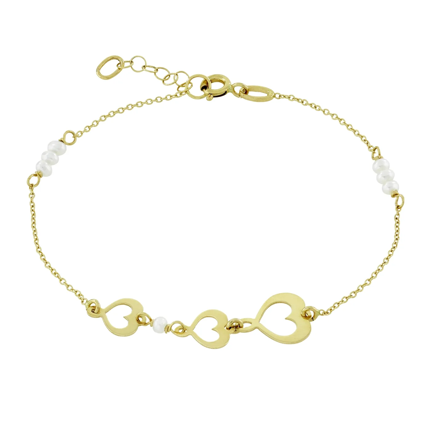 Pulsera 3 corazones en oro amarillo de 18 Kilates, con perlas
