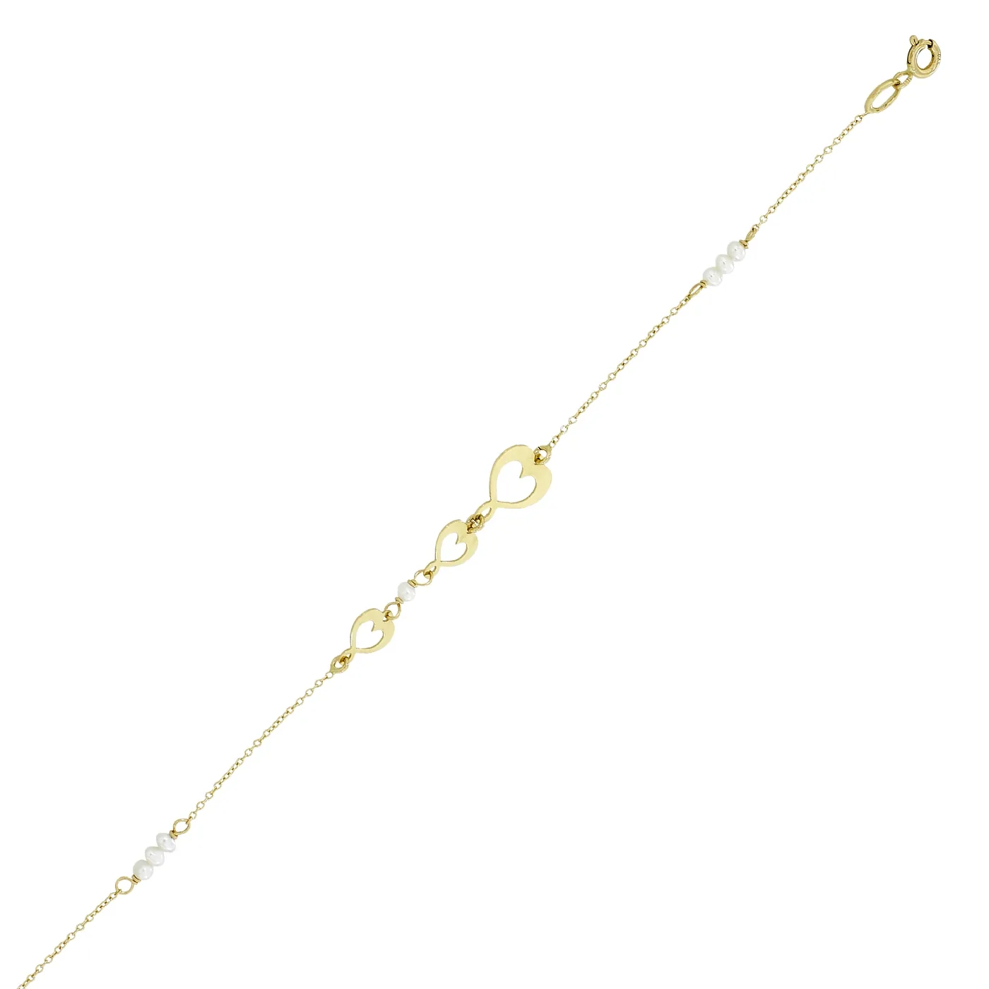 Pulsera 3 corazones en oro amarillo de 18 Kilates, con perlas