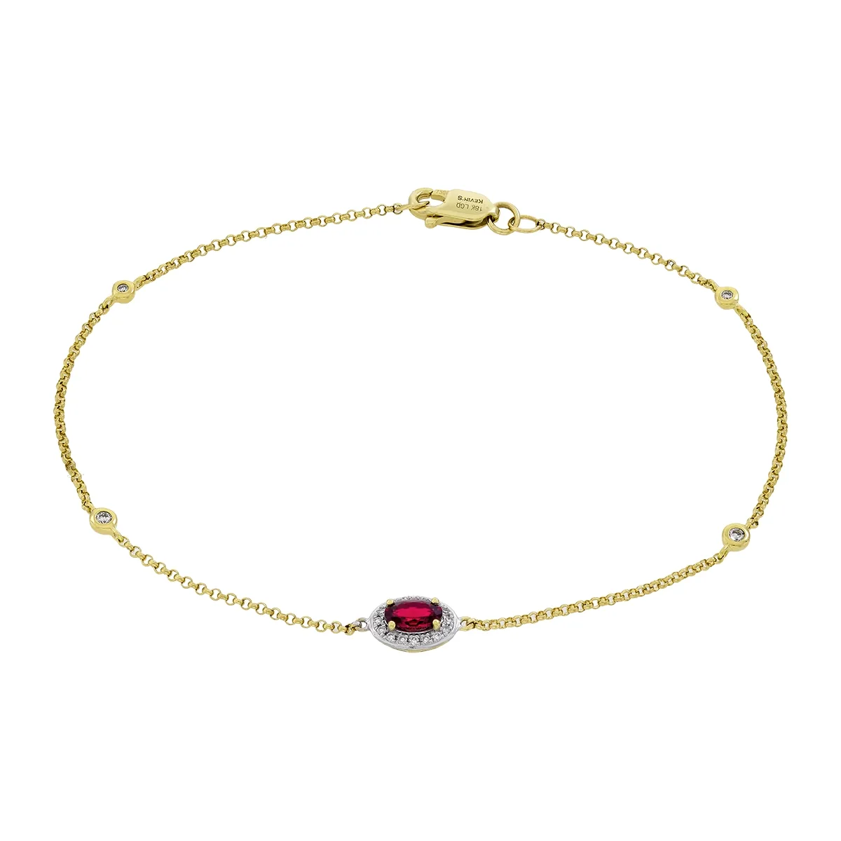 Pulsera en oro amarillo de 18 Kilates, con rubí laboratorio central de 0.29 Ct y decoración en diamante de laboratorio de 0.08 Ct, 18 cm. de largo, 1 mm. de ancho