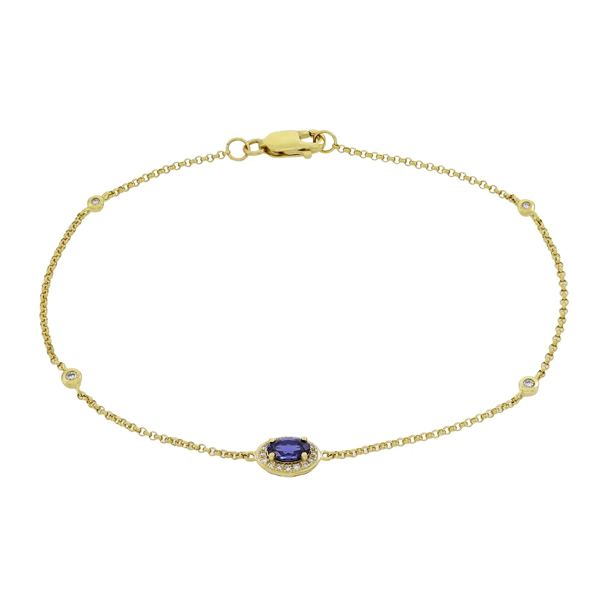 Pulsera en oro amarillo de 18 Kilates, con zafiro laboratorio central de 0.30 Ct y decoración en diamante de laboratorio de 0.08 Ct, 18 cm. de largo, 1 mm. de ancho