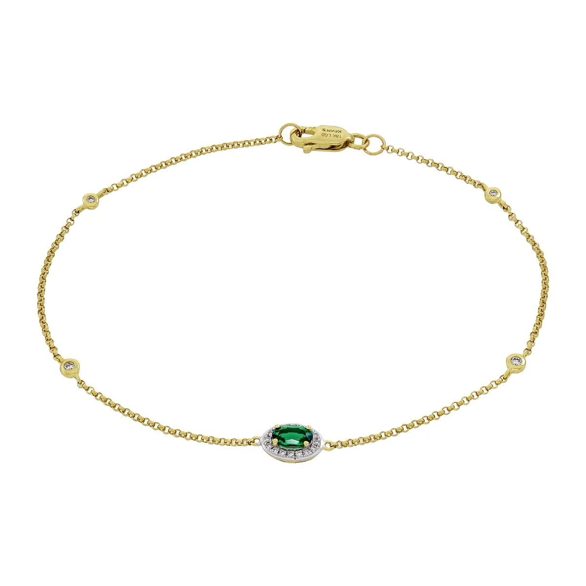 Pulsera en oro amarillo de 18 Kilates, con esmeralda laboratorio central de 0.18 Ct y decoración en diamante de laboratorio de 0.08 Ct, 18 cm. de largo, 1 mm. de ancho