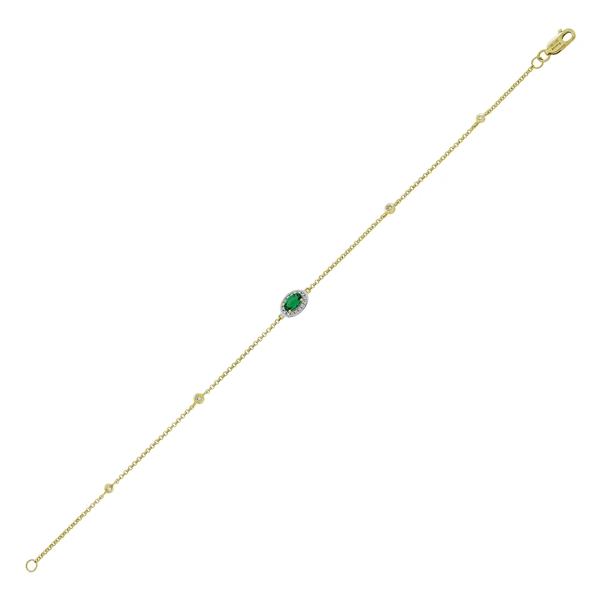Pulsera en oro amarillo de 18 Kilates, con esmeralda laboratorio central de 0.18 Ct y decoración en diamante de laboratorio de 0.08 Ct, 18 cm. de largo, 1 mm. de ancho