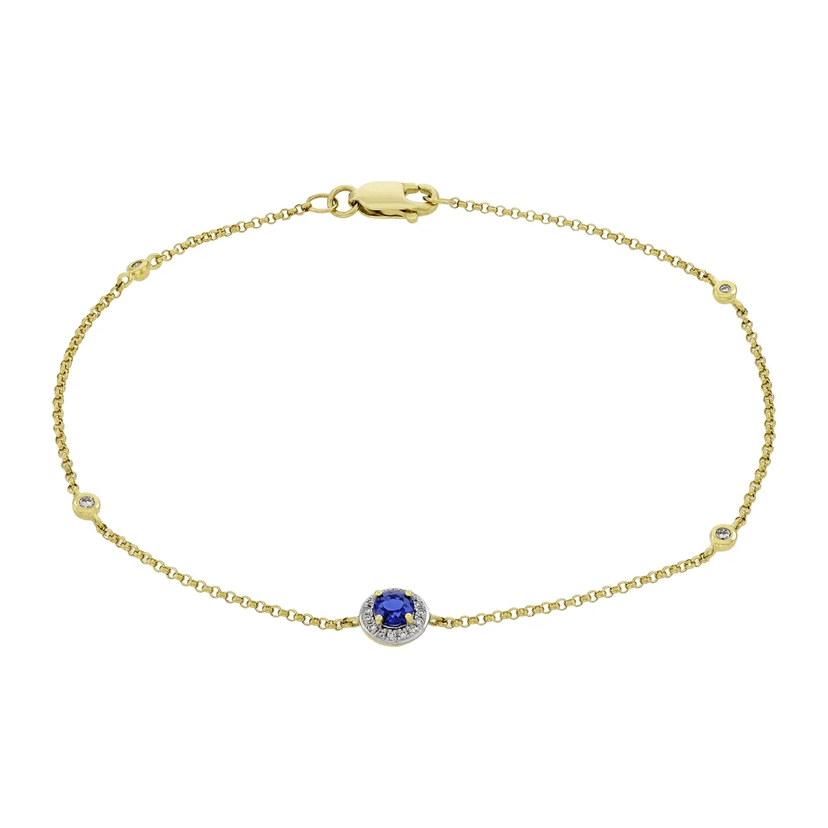 Pulsera en oro amarillo de 18 Kilates, con zafiro laboratorio central de 0.25 Ct y decoración en diamante de laboratorio de 0.08 Ct, 18 cm. de largo, 1 mm. de ancho