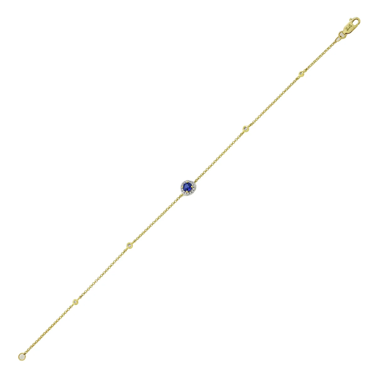 Pulsera en oro amarillo de 18 Kilates, con zafiro laboratorio central de 0.25 Ct y decoración en diamante de laboratorio de 0.08 Ct, 18 cm. de largo, 1 mm. de ancho