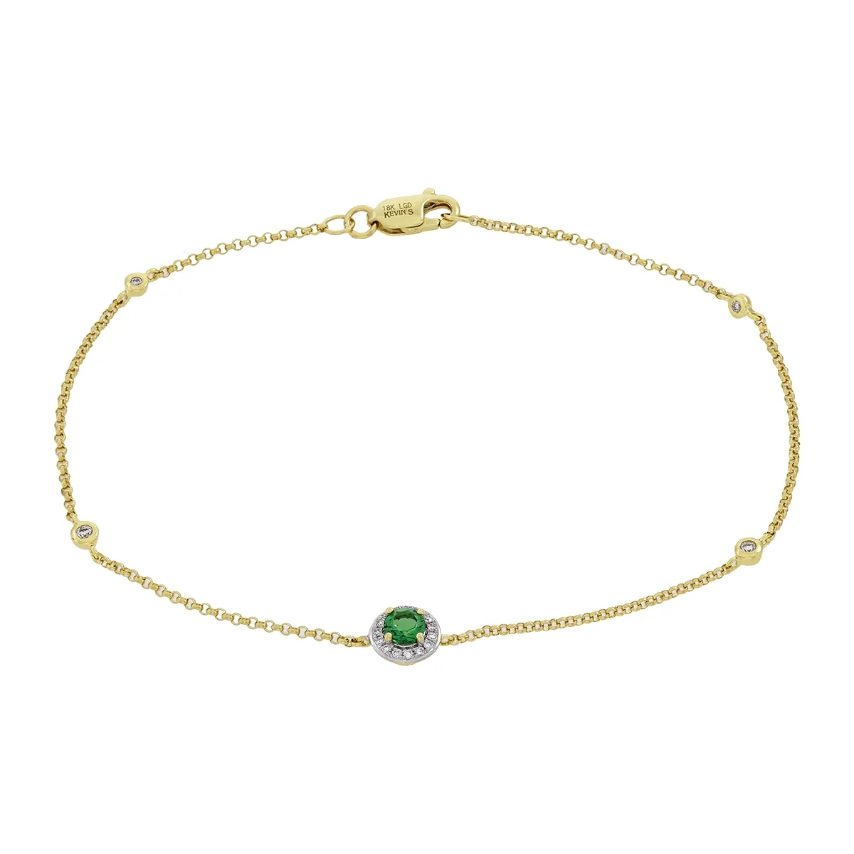 Pulsera en oro amarillo de 18 Kilates, con esmeralda laboratorio central de 0.15 Ct y decoración en diamante de laboratorio de 0.08 Ct, 18 cm. de largo, 1 mm. de ancho