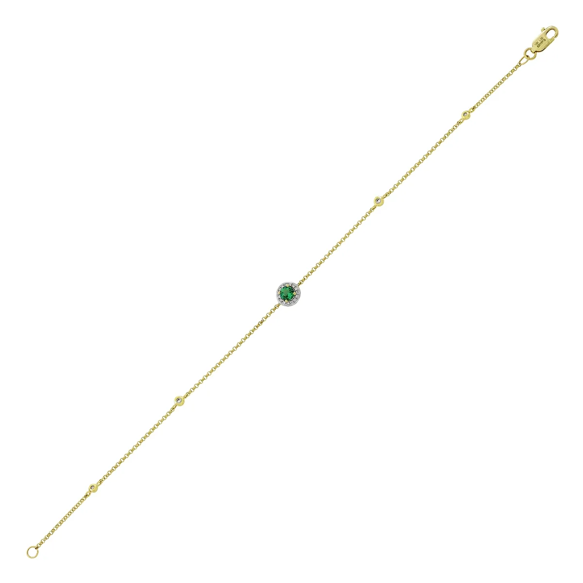 Pulsera en oro amarillo de 18 Kilates, con esmeralda laboratorio central de 0.15 Ct y decoración en diamante de laboratorio de 0.08 Ct, 18 cm. de largo, 1 mm. de ancho