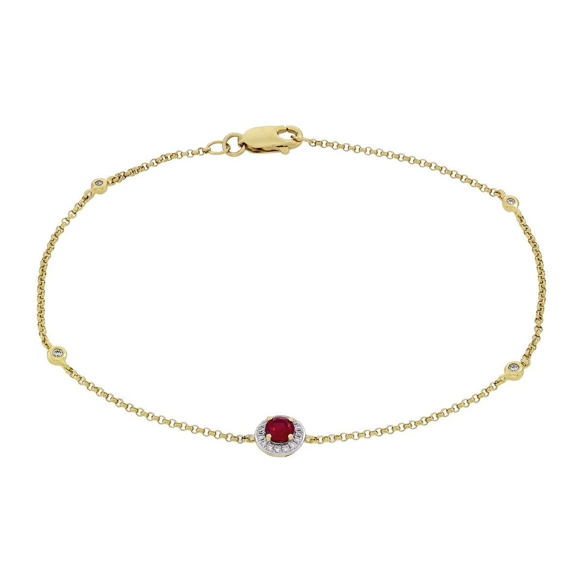 Pulsera en oro amarillo de 18 Kilates, con rubí laboratorio central de 0.24 Ct y decoración en diamante de laboratorio de 0.08 Ct, 18 cm. de largo, 1 mm. de ancho