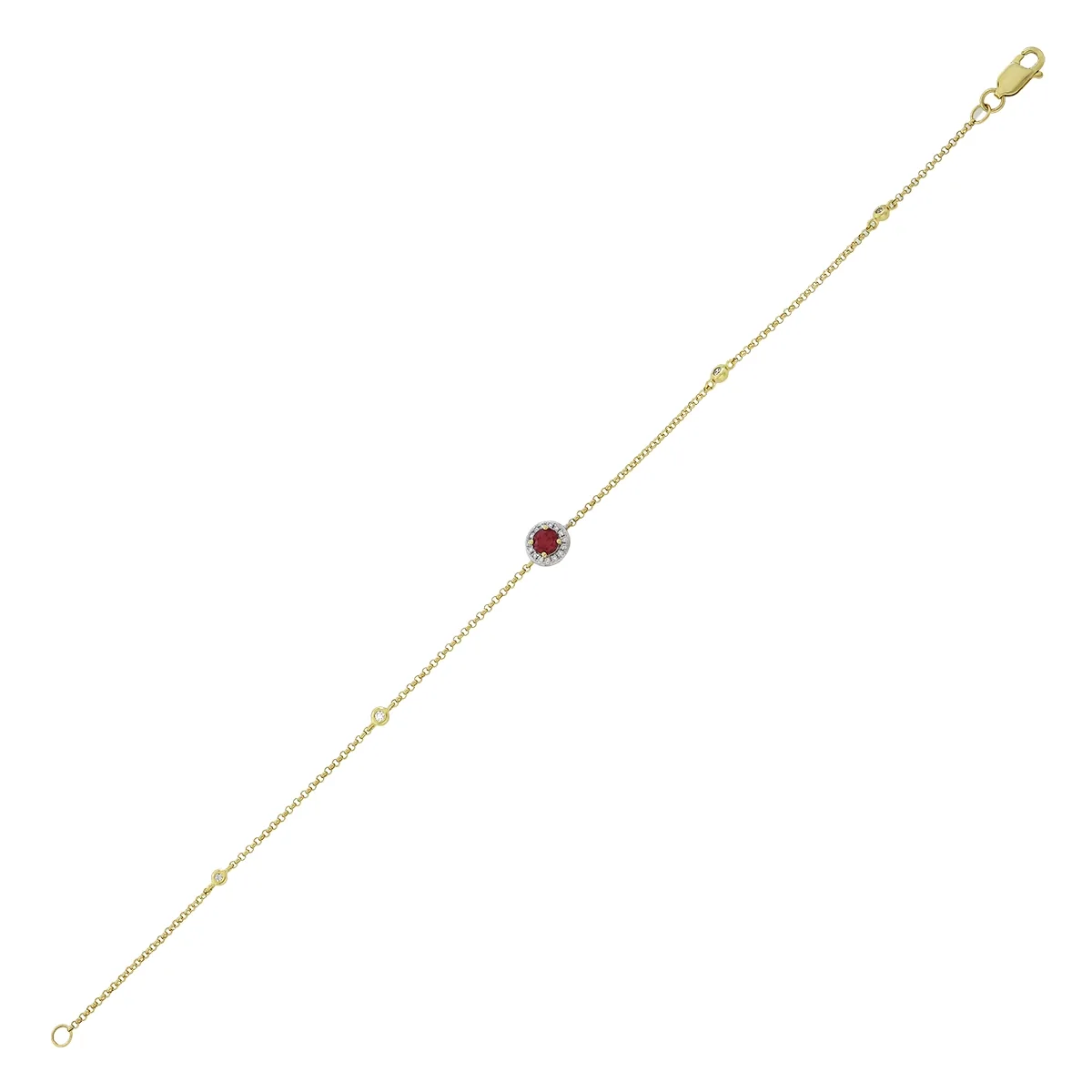 Pulsera en oro amarillo de 18 Kilates, con rubí laboratorio central de 0.24 Ct y decoración en diamante de laboratorio de 0.08 Ct, 18 cm. de largo, 1 mm. de ancho