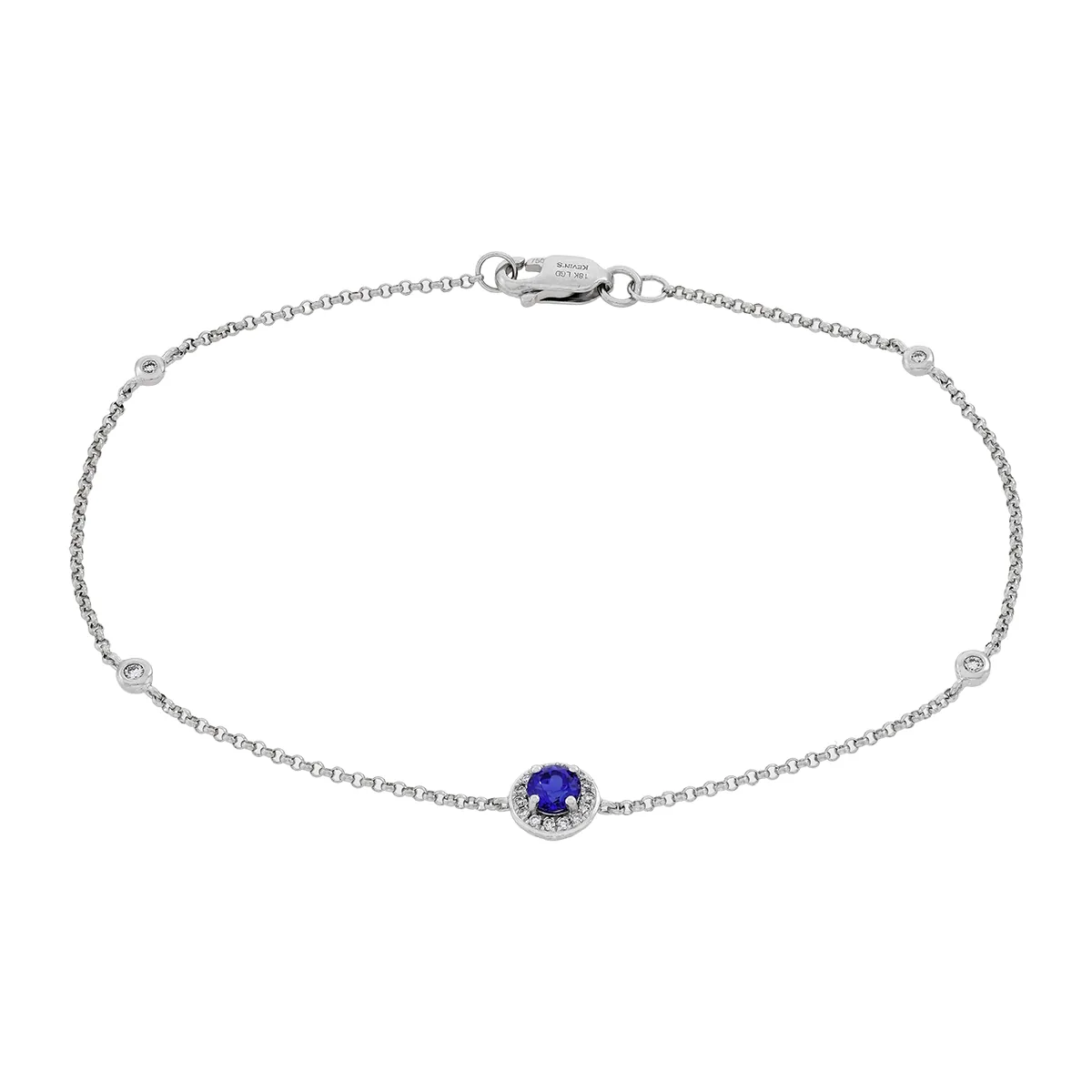 Pulsera en oro blanco de 18 Kilates, con zafiro laboratorio central de 0.25 Ct y decoración en diamante de laboratorio de 0.08 Ct, 18 cm. de largo, 1 mm. de ancho
