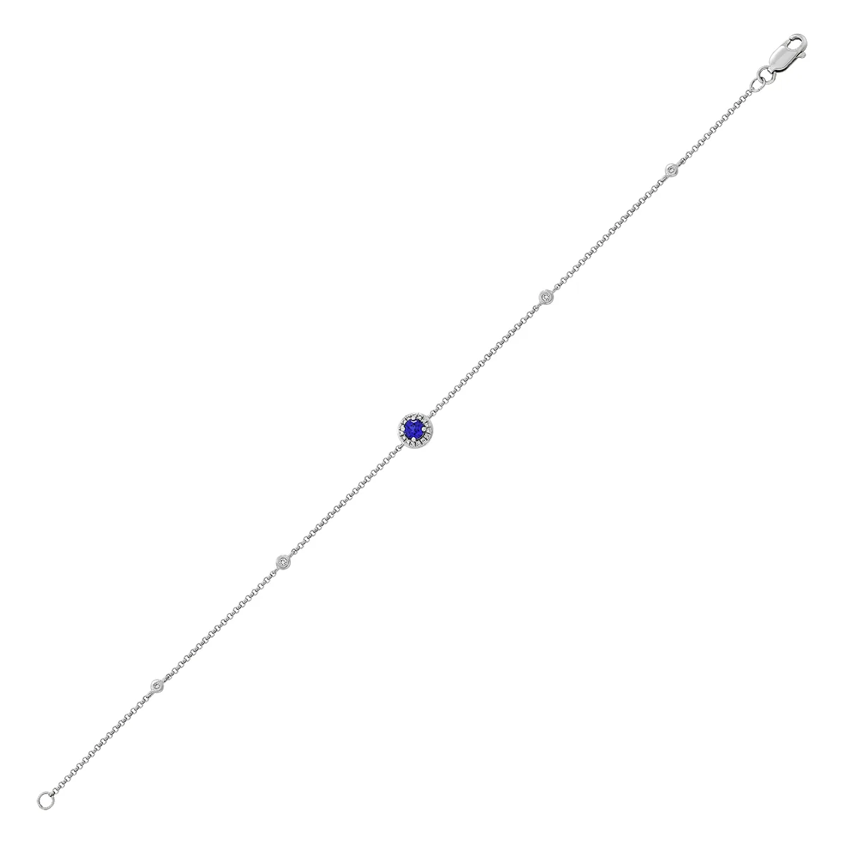 Pulsera en oro blanco de 18 Kilates, con zafiro laboratorio central de 0.25 Ct y decoración en diamante de laboratorio de 0.08 Ct, 18 cm. de largo, 1 mm. de ancho