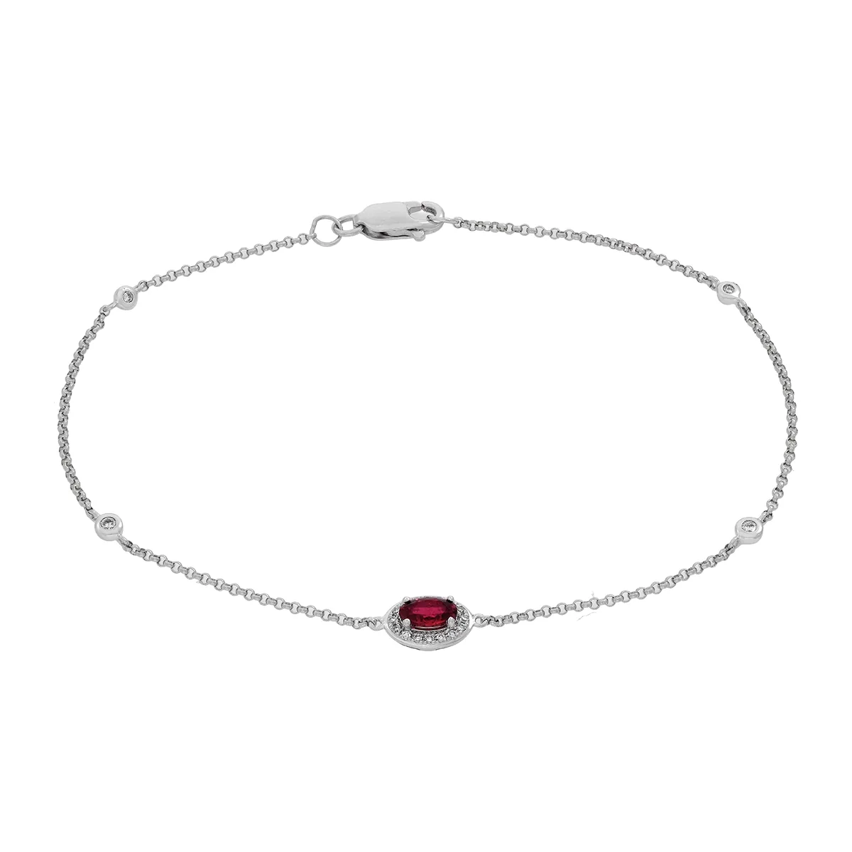 Pulsera en oro blanco de 18 Kilates, con rubí laboratorio central de 0.29 Ct y decoración en diamante de laboratorio de 0.08 Ct, 18 cm. de largo, 1 mm. de ancho