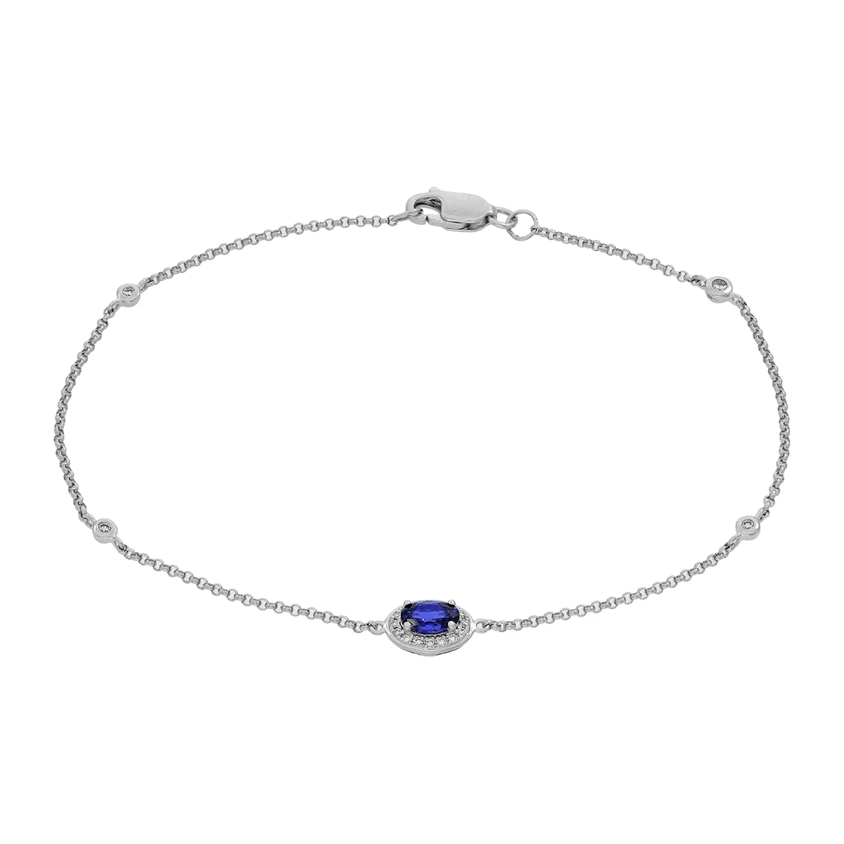 Pulsera en oro blanco de 18 Kilates, con zafiro laboratorio central de 0.30 Ct y decoración en diamante de laboratorio de 0.08 Ct, 18 cm. de largo, 1 mm. de ancho