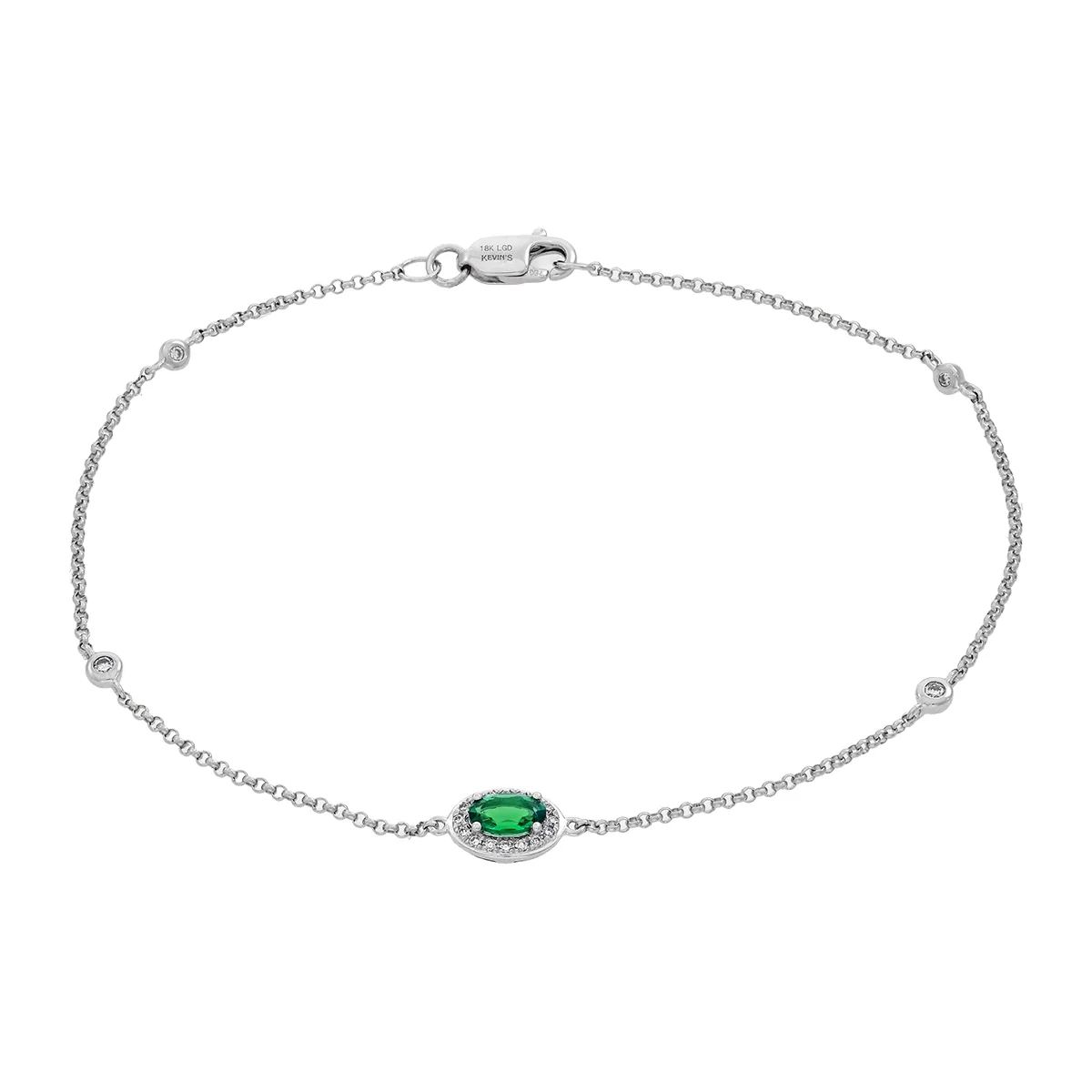 Pulsera en oro blanco de 18 Kilates, con esmeralda laboratorio central de 0.18 Ct y decoración en diamante de laboratorio de 0.08 Ct, 18 cm. de largo, 1 mm. de ancho