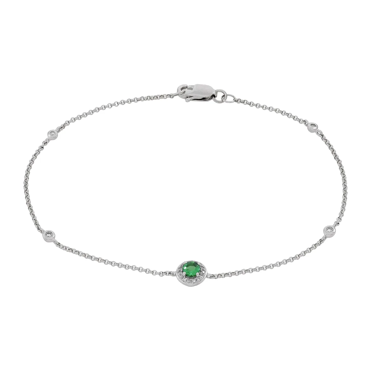 Pulsera en oro blanco de 18 Kilates, con esmeralda laboratorio central de 0.14 Ct y decoración en diamante de laboratorio de 0.08 Ct, 18 cm. de largo, 1 mm. de ancho