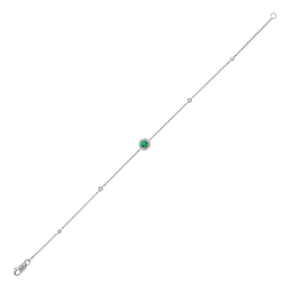 Pulsera en oro blanco de 18 Kilates, con esmeralda laboratorio central de 0.14 Ct y decoración en diamante de laboratorio de 0.08 Ct, 18 cm. de largo, 1 mm. de ancho