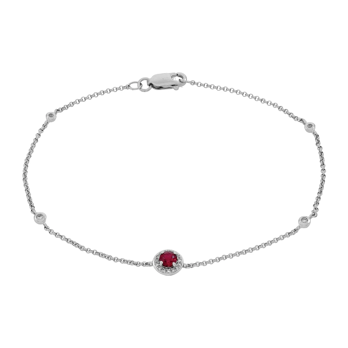 Pulsera en oro blanco de 18 Kilates, con rubí laboratorio central de 0.24 Ct y decoración en diamante de laboratorio de 0.08 Ct, 18 cm. de largo, 1 mm. de ancho
