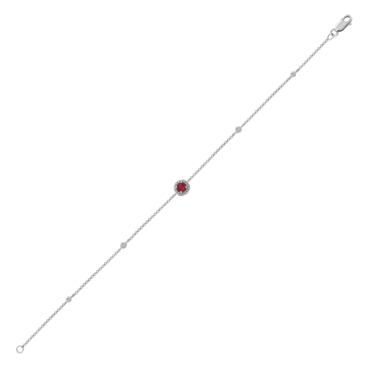 Pulsera en oro blanco de 18 Kilates, con rubí laboratorio central de 0.24 Ct y decoración en diamante de laboratorio de 0.08 Ct, 18 cm. de largo, 1 mm. de ancho