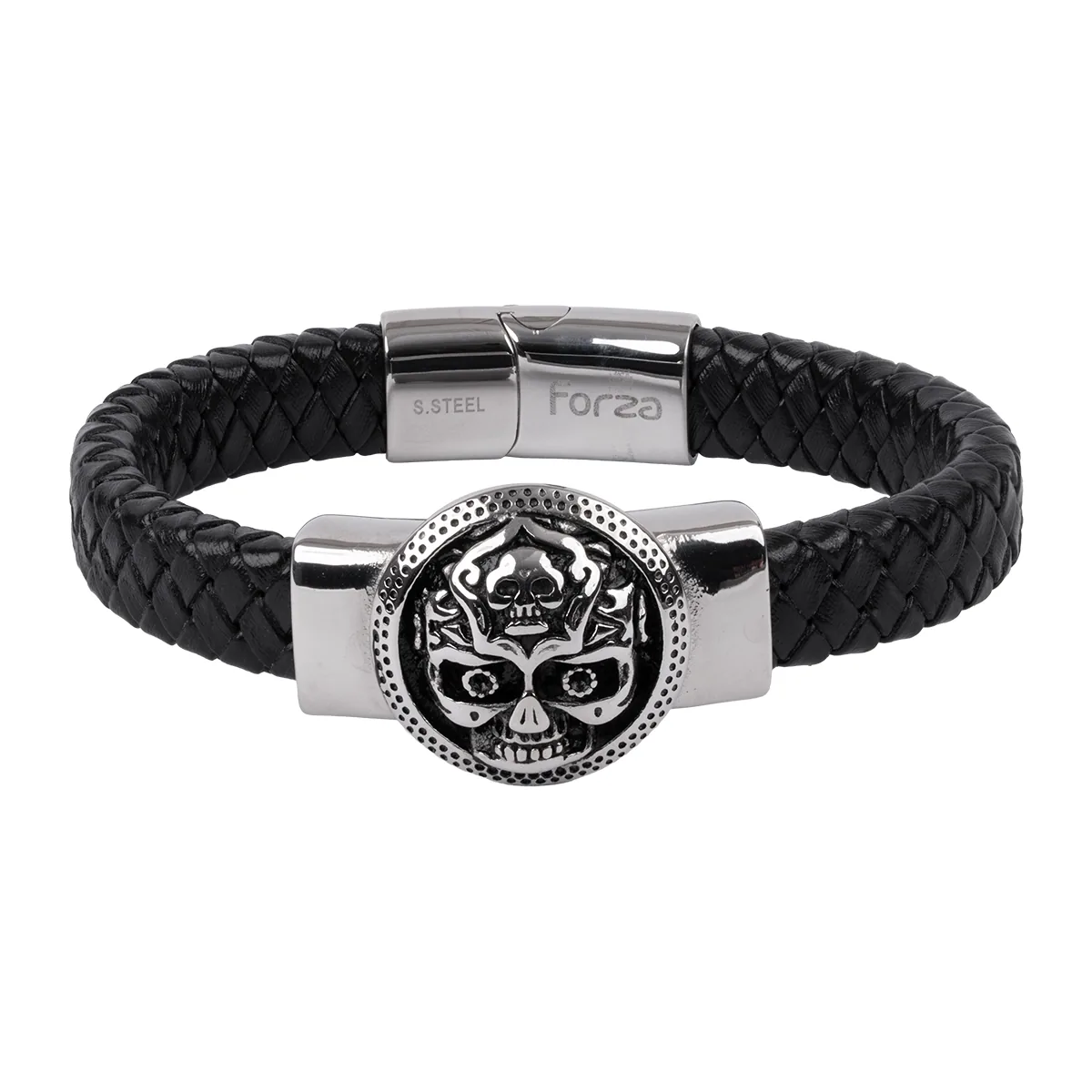 Pulsera de catrina en cuero sintético y acero, 21 cm. de largo, 12 mm. de ancho - Colección Forza