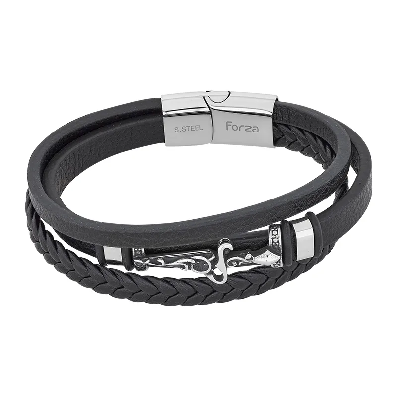 Pulsera de daga en cuero sintético y acero, 21 cm. de largo, 12 mm. de ancho - Colección Forza