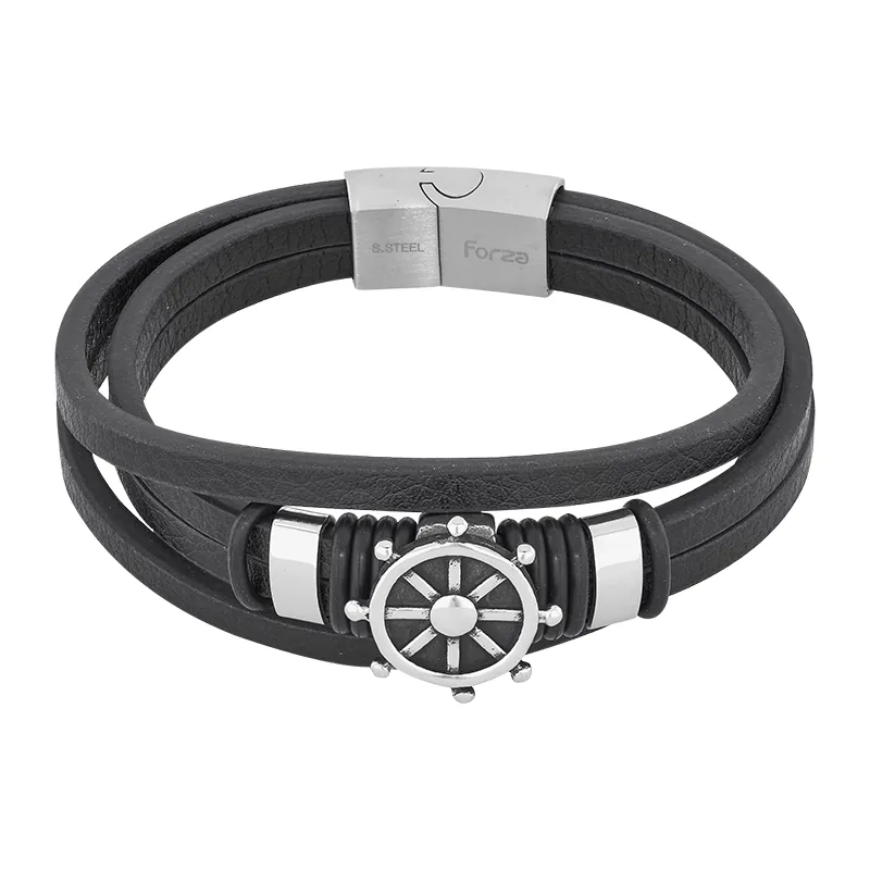 Pulsera de timón marinero en cuero sintético y acero, 21 cm. de largo, 10 mm. de ancho - Colección Forza