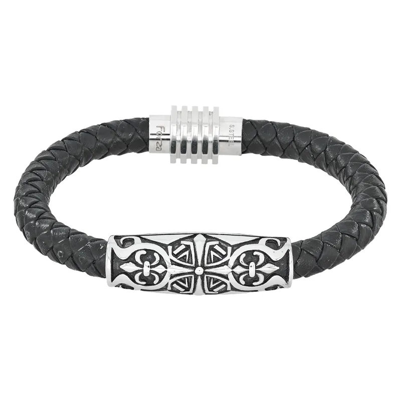 Pulsera en cuero sintético y acero, 21 cm. de largo, 8 mm. de ancho - Colección Forza