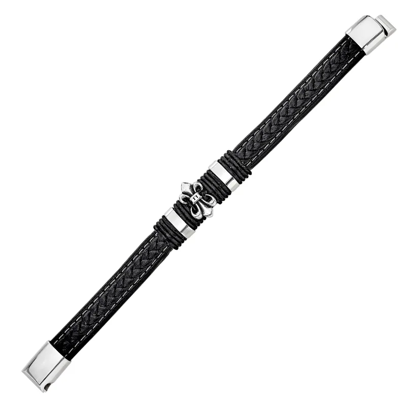 Pulsera de flor de lis en cuero sintético y acero, 21 cm. de largo, 12 mm. de ancho - Colección Forza