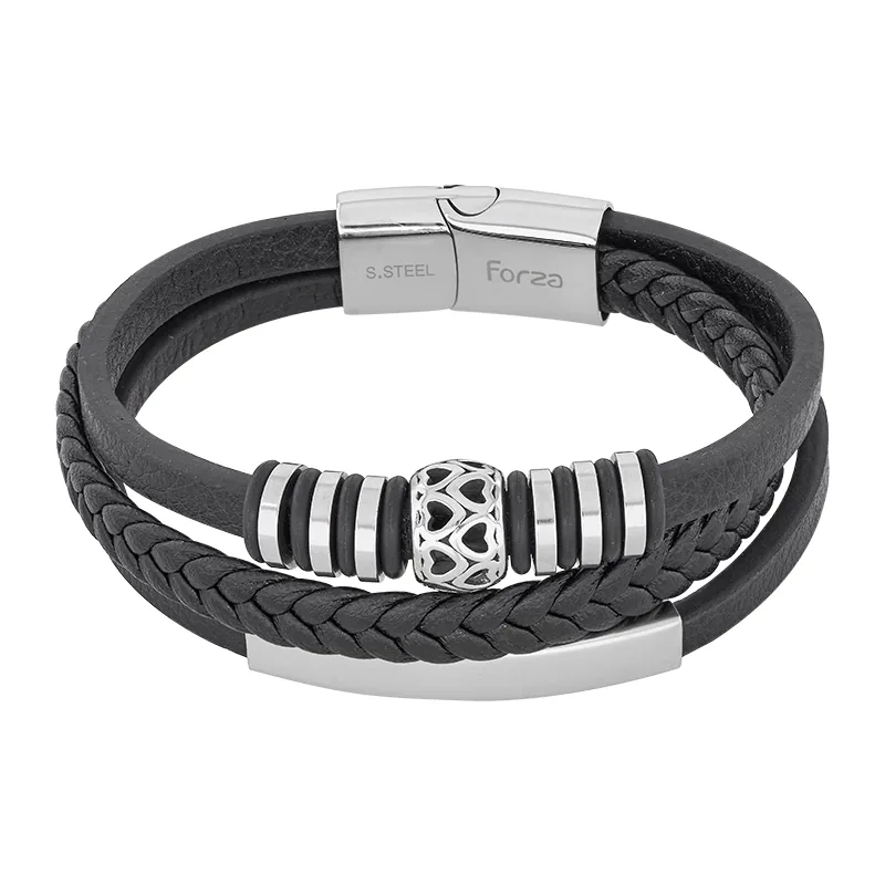 Pulsera en cuero sintético y acero, 21 cm. de largo, 11 mm. de ancho - Colección Forza