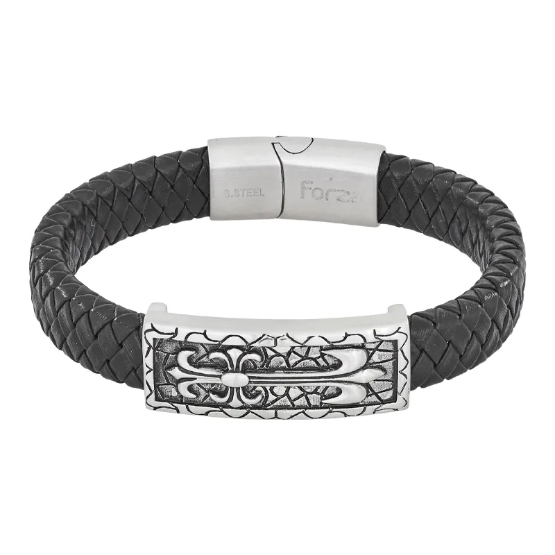 Pulsera de flor de lis en cuero sintético y acero, 21 cm. de largo, 12 mm. de ancho - Colección Forza