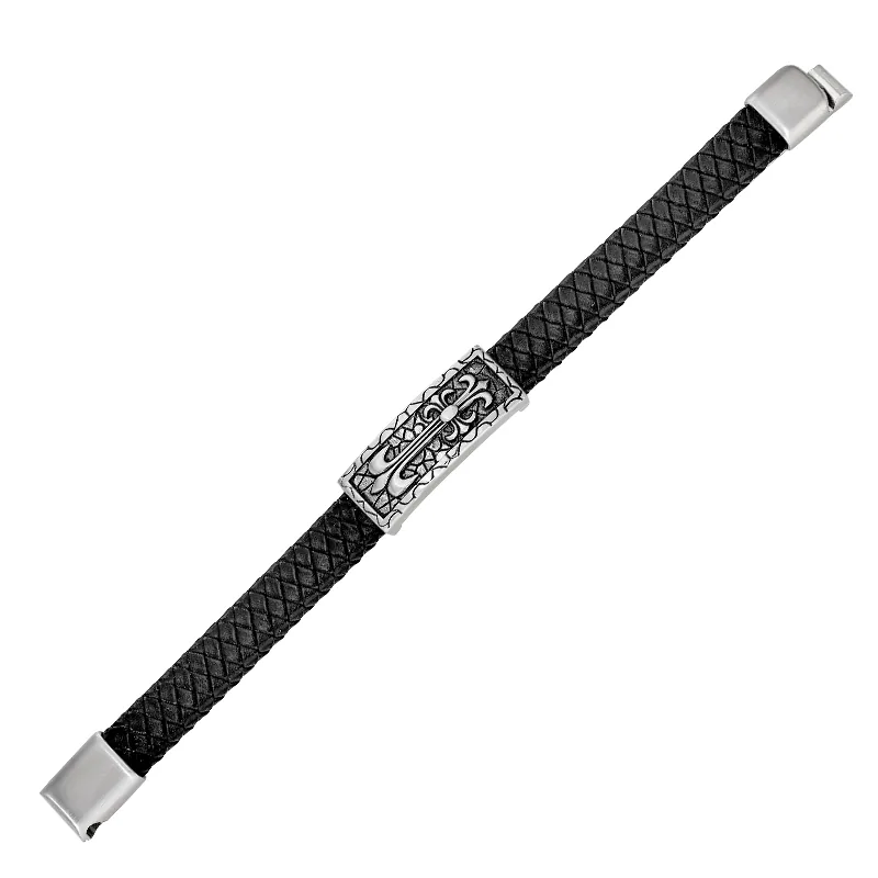 Pulsera de flor de lis en cuero sintético y acero, 21 cm. de largo, 12 mm. de ancho - Colección Forza