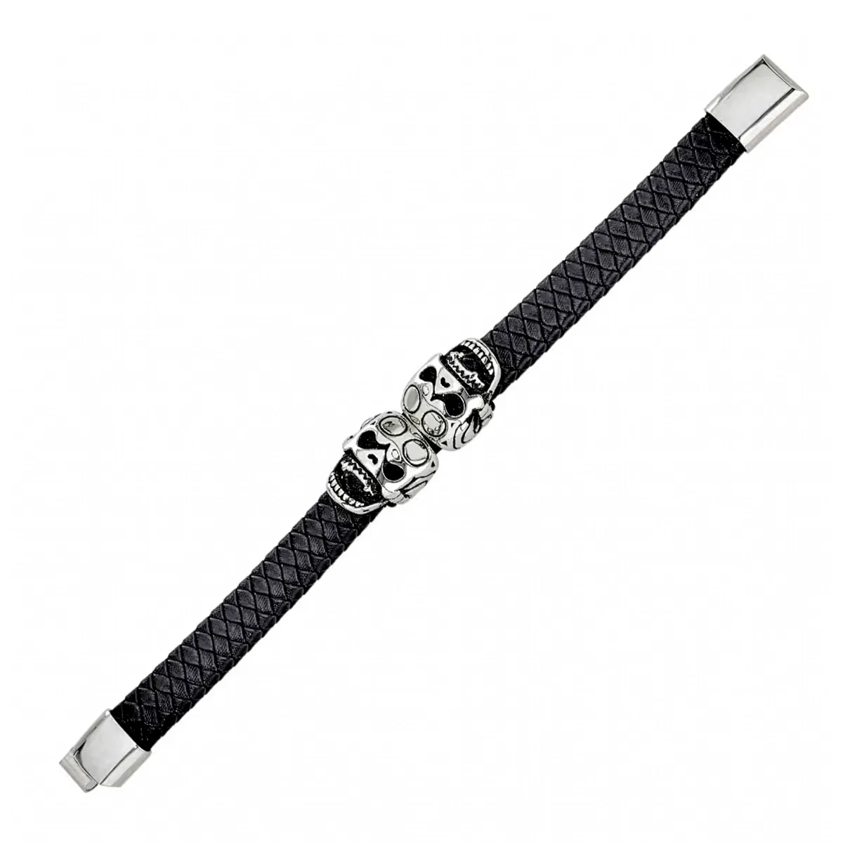 Pulsera de calaveras en cuero cintético y acero, 21 cm. de largo, 12 mm. de ancho - Colección Forza