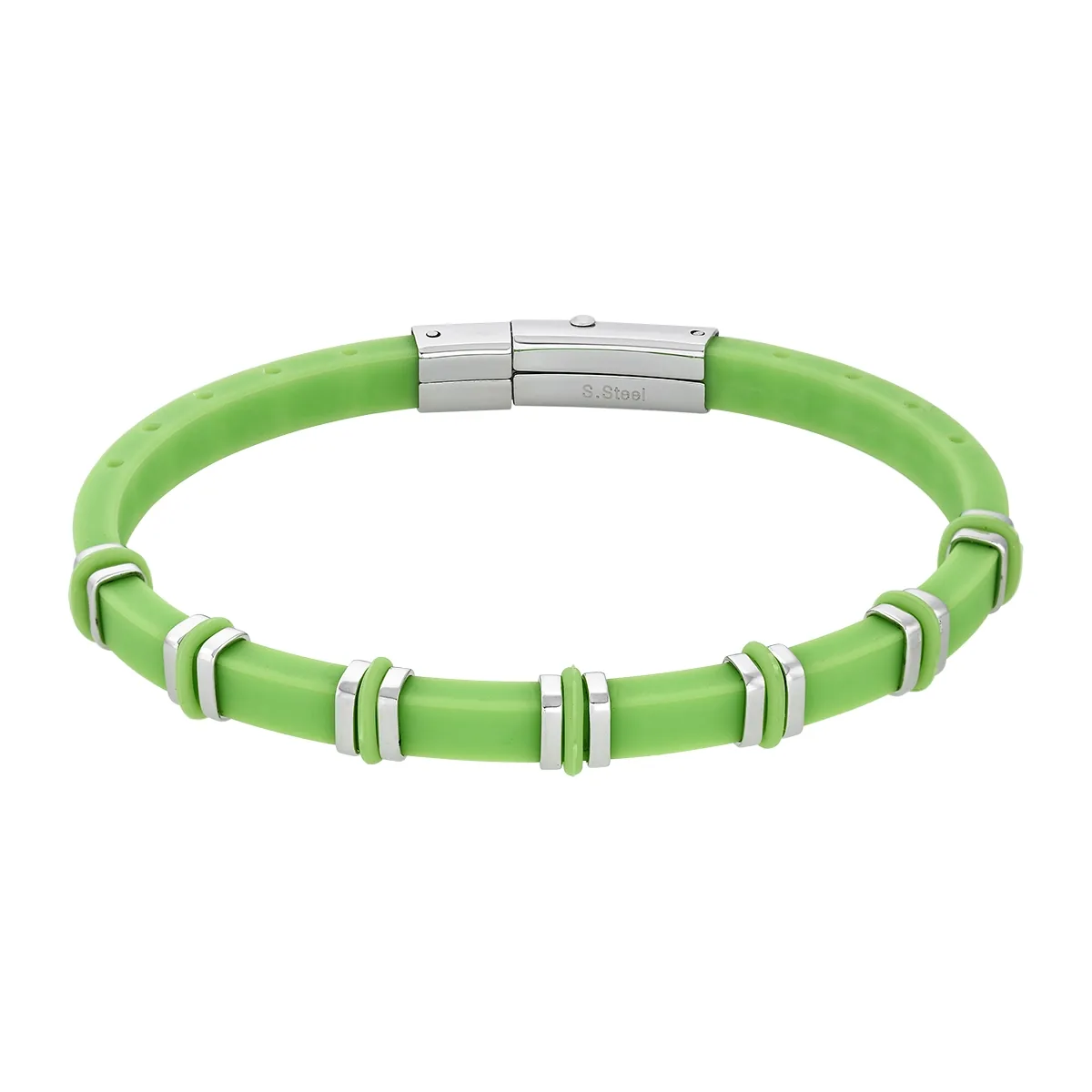 Pulsera en silicona verde y acero, 20 cm. de largo, 5 mm. de ancho - Colección Forza