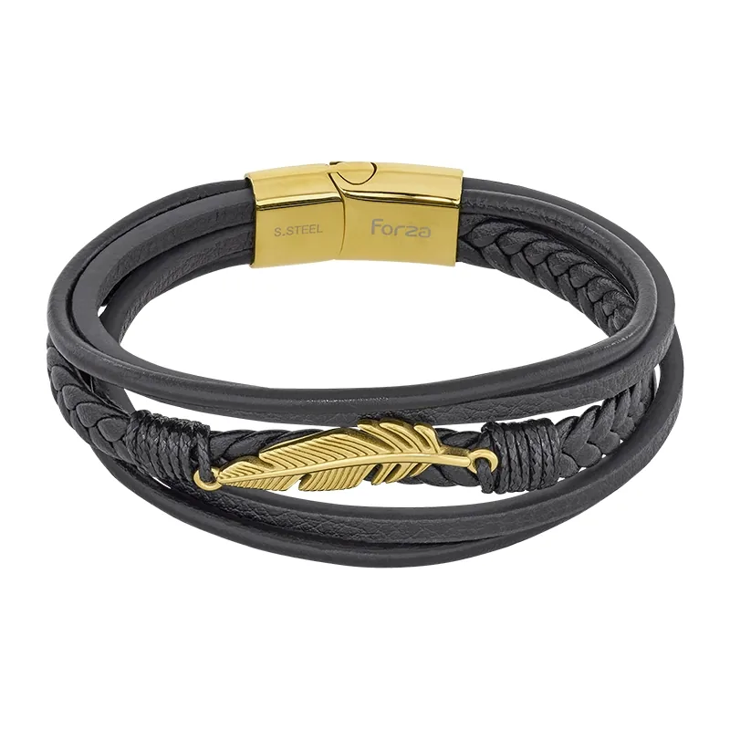Pulsera de pluma en cuero sintético y acero, 21 cm. de largo, 10 mm. de ancho - Colección Forza