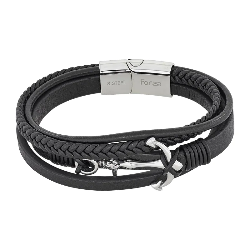 Pulsera de ancla en cuero sintético y acero, 21 cm. de largo, 10.50 mm. de ancho - Colección Forza