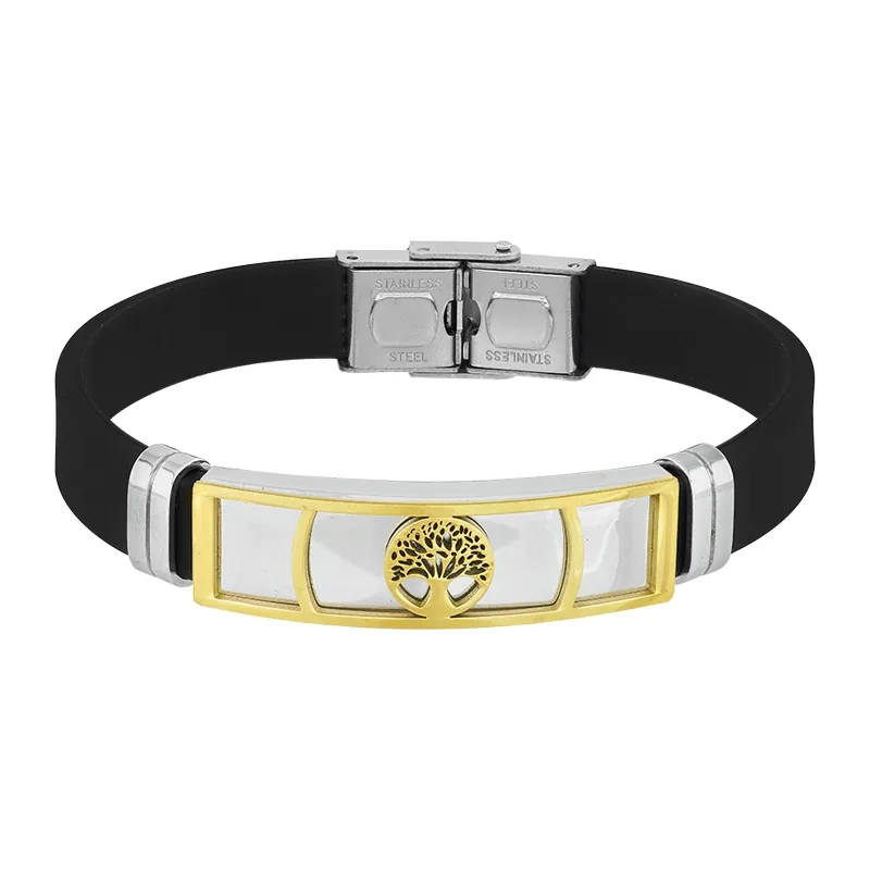 Pulsera de árbol de la vida en silicona negro y acero, 21 cm. de largo, 12 mm. de ancho - Colección Forza