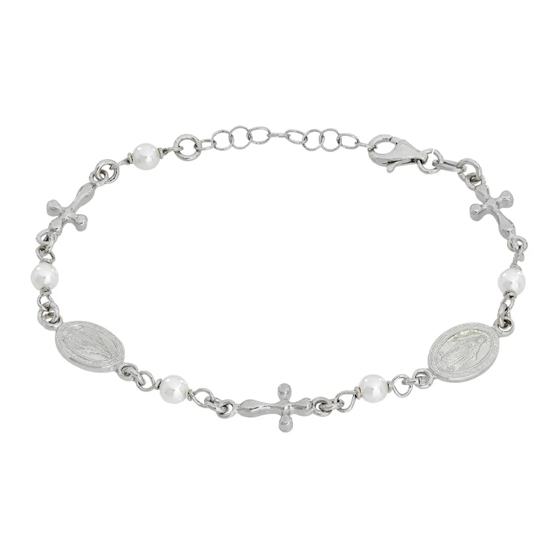 Pulsera de cruces y medallas de la Virgen Milagrosa en plata Ley 925, con perla sintéticas - Colección Sueños