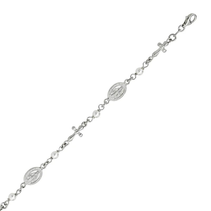 Pulsera de cruces y medallas de la Virgen Milagrosa en plata Ley 925, con perla sintéticas - Colección Sueños