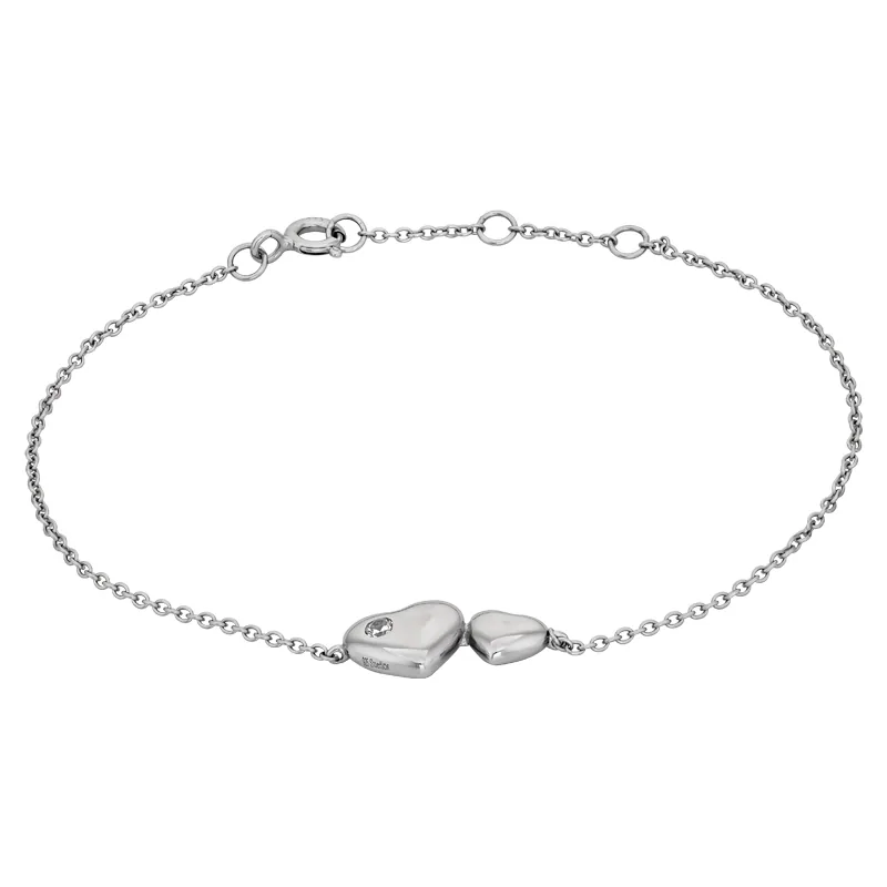 Pulsera de corazones en plata Ley 925, con zircon central, 17 cm. de largo - Colección Sueños