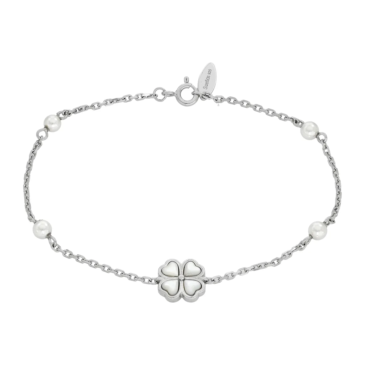 Pulsera en plata Ley 925, con 4 perla sintéticas centrales, 19 cm. de largo, 1.50 mm. de ancho, de la coleccion Sueños