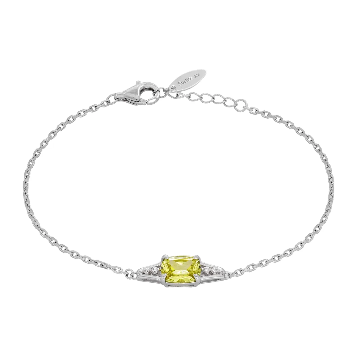 Pulsera en plata Ley 925, con cristal central y decoración en cristales, 17 cm. de largo, 1.50 mm. de ancho, de la coleccion Sueños